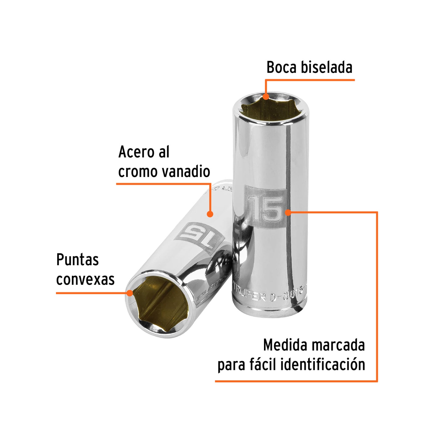 Dado largo 15 mm cuadro 3/8 pulg