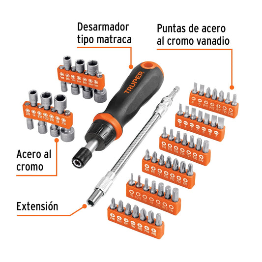 Desarmador Tipo Matraca con 42 Puntas y 14 Dados, Truper