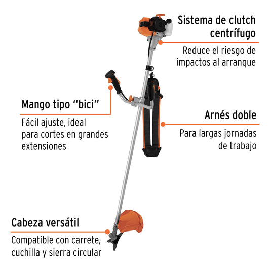Desmalezadora a gasolina de 33 cc y 1.4 HP con mango tipo bici y corte de 18"