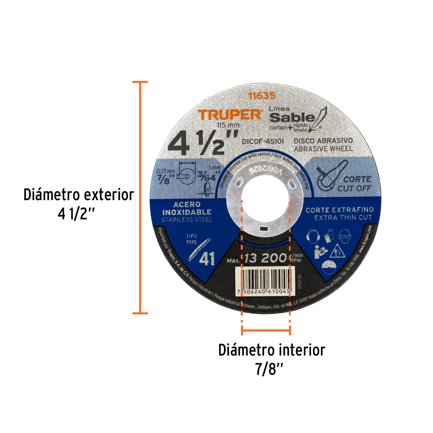 Disco Tipo 41 de 4 1/2 in para corte fino de acero inoxidable