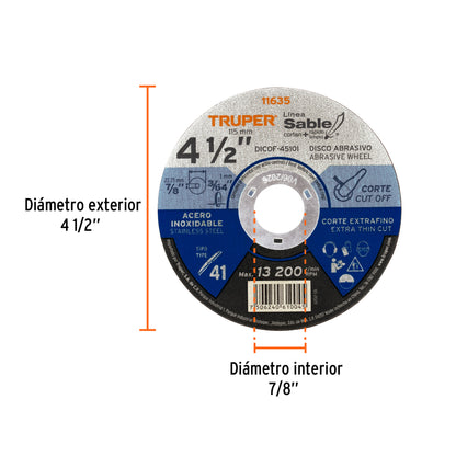Disco Tipo 41 de 7 in para corte fino de acero inoxidable