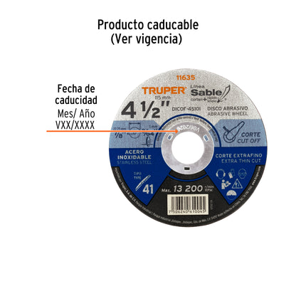 Disco Tipo 41 de 4 1/2 in para corte fino de acero inoxidable