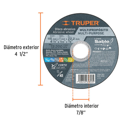 Disco de corte extrafino para multimaterial de 4 1/2 pulgadas con espesor de 1 mm