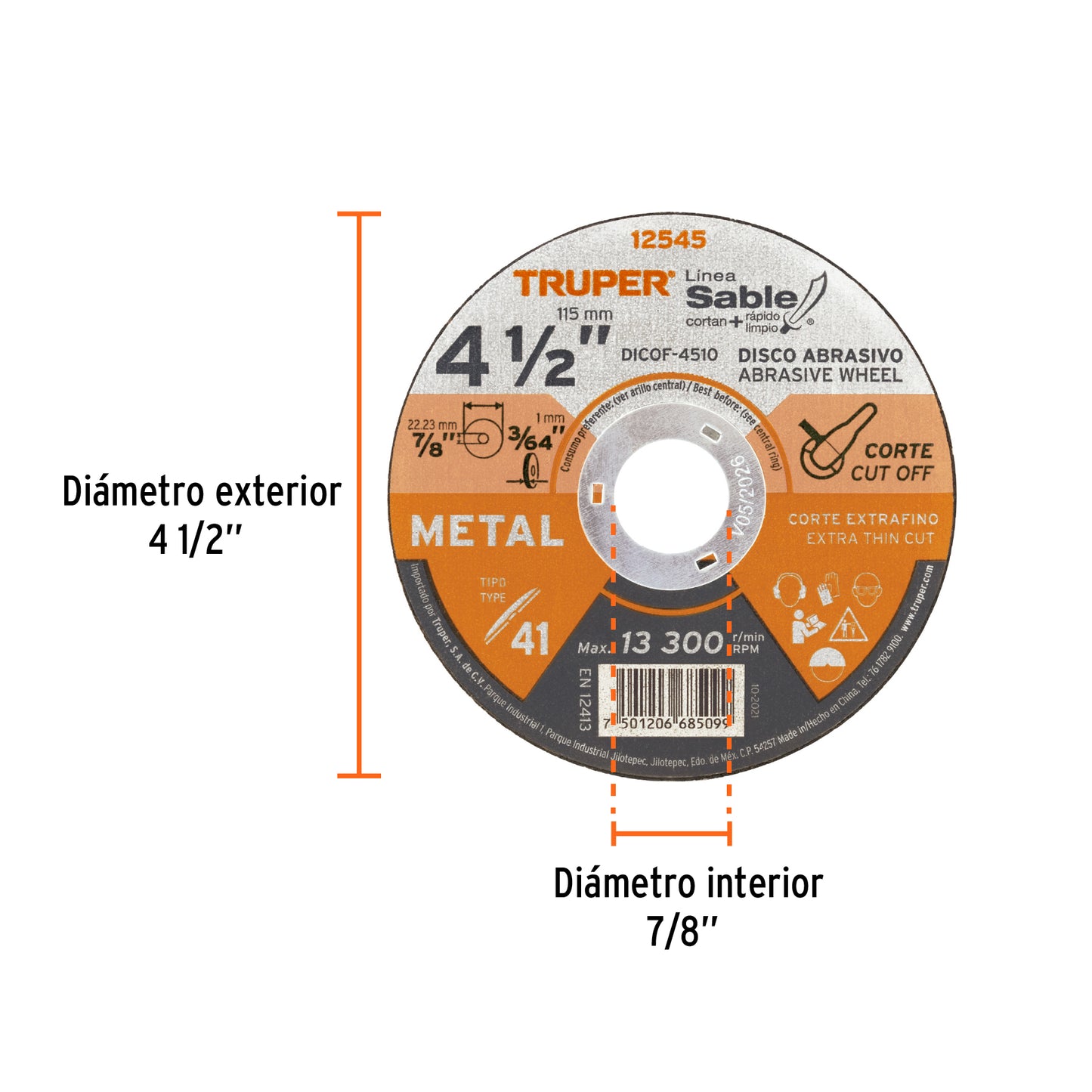Disco Tipo 41 de 4 1/2 in para corte fino de metal