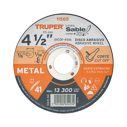 Disco Tipo 41 de 4 1/2 in para corte fino de metal