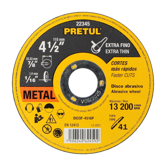 Disco de corte fino para metal de 4 1/2 pulgadas con espesor de 1.6 mm