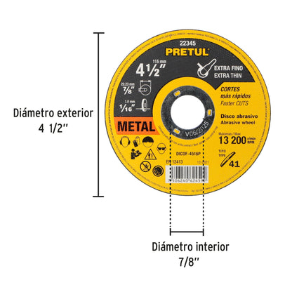 Disco de corte fino para metal de 4 1/2 pulgadas con espesor de 1.6 mm