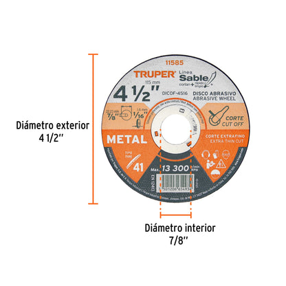 Disco Tipo 41 de 4 1/2 in para corte fino de metal