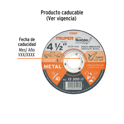 Disco Tipo 41 de 4 1/2 in para corte fino de metal