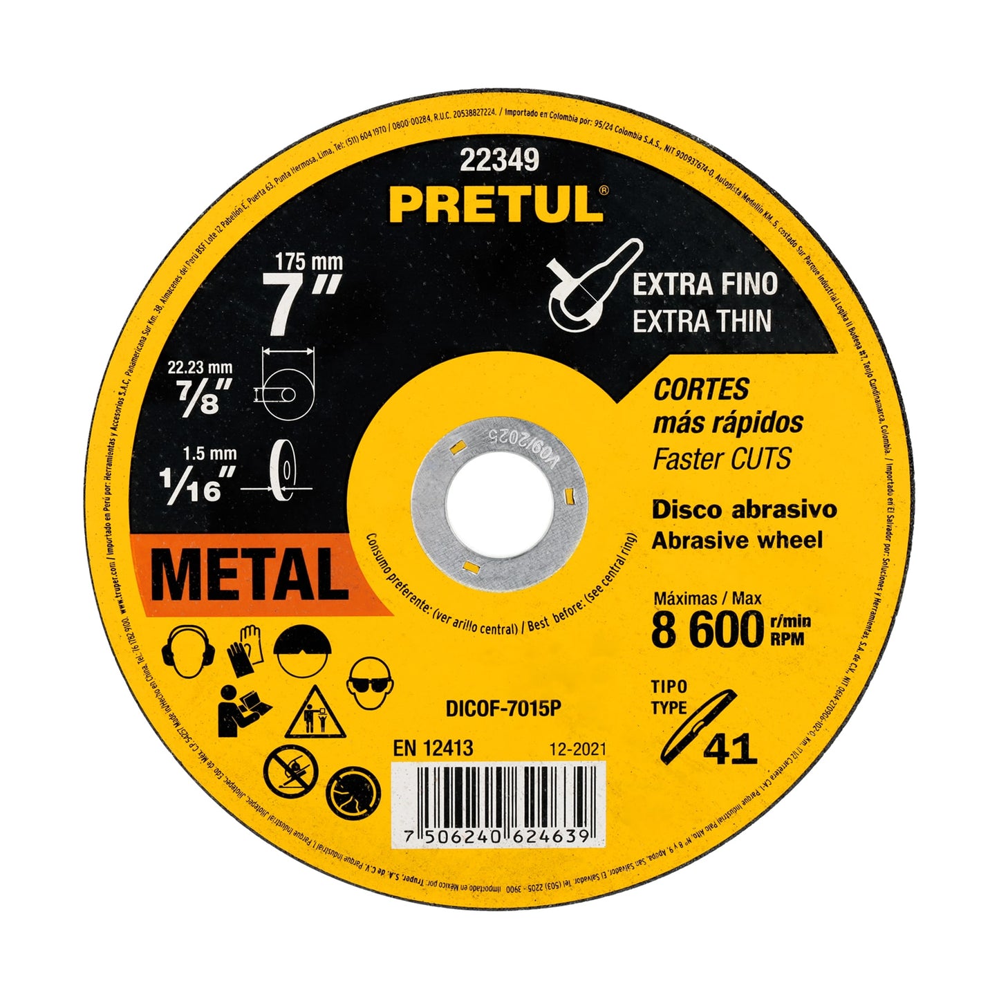Disco de corte fino para metal de 7 pulgadas con espesor de 1.5 mm