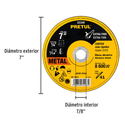 Disco de corte fino para metal de 7 pulgadas con espesor de 1.5 mm