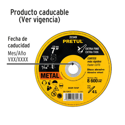 Disco de corte fino para metal de 7 pulgadas con espesor de 1.5 mm
