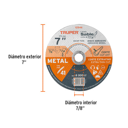 Disco Tipo 41 de 7 in para corte fino de metal