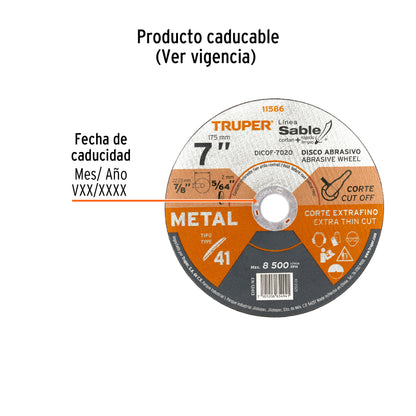Disco Tipo 41 de 7 in para corte fino de metal