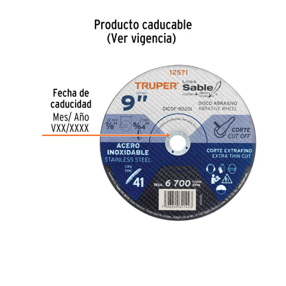 Disco Tipo 41 de 9 in para corte fino de acero inoxidable