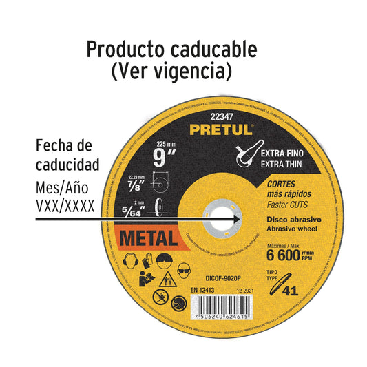 Disco de corte fino para metal de 9 pulgadas con espesor de 2 mm