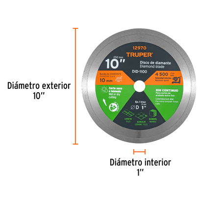 Disco de diamante de 10 pulgadas con espesor de 2.2 mm y rin continuo