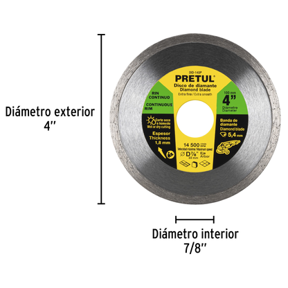 Disco de diamante de 4 pulgadas con espesor de 1.8 mm y rin continuo