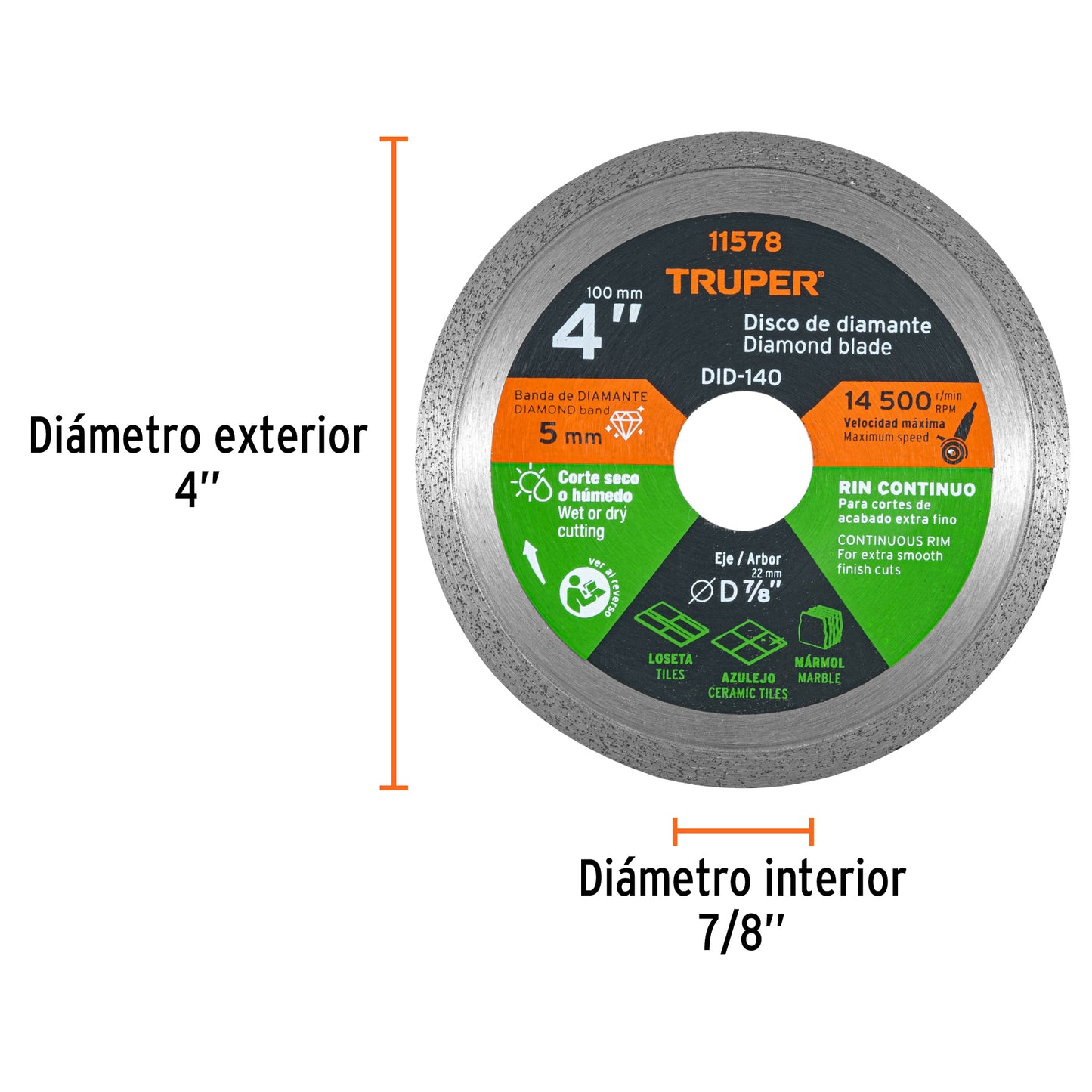 Disco de diamante de 4 pulgadas con espesor de 1.6 mm y rin continuo