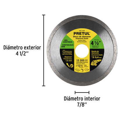 Disco de diamante de 4 1/2 pulgadas con espesor de 1.8 mm y rin continuo