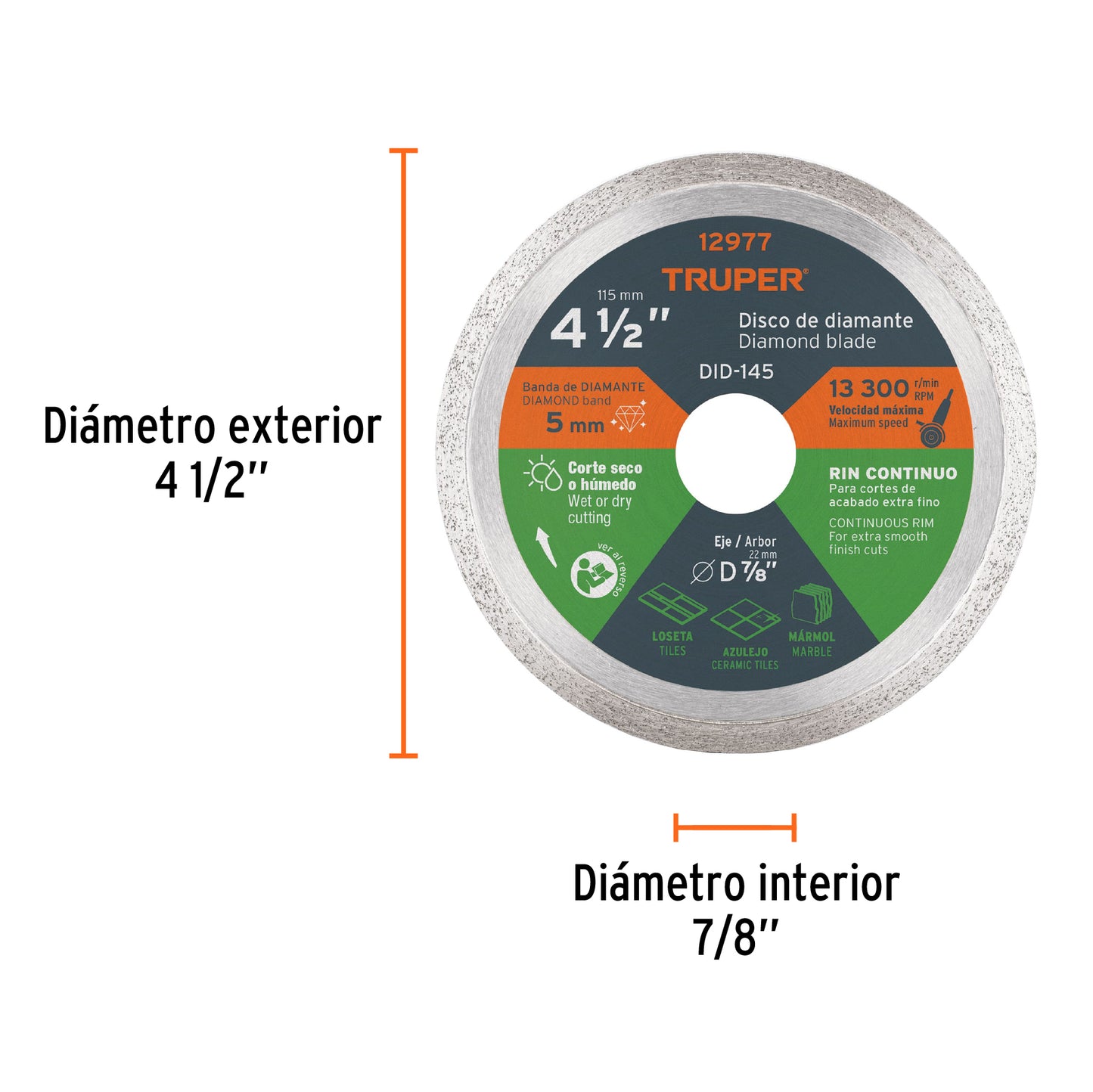 Disco de diamante de 4 1/2 pulgadas con espesor de 1.6 mm y rin continuo