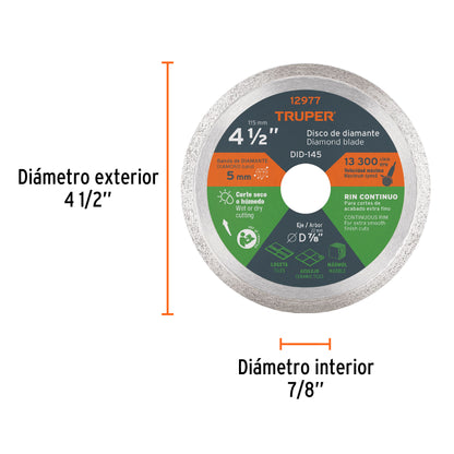 Disco de diamante de 4 1/2 pulgadas con espesor de 1.6 mm y rin continuo