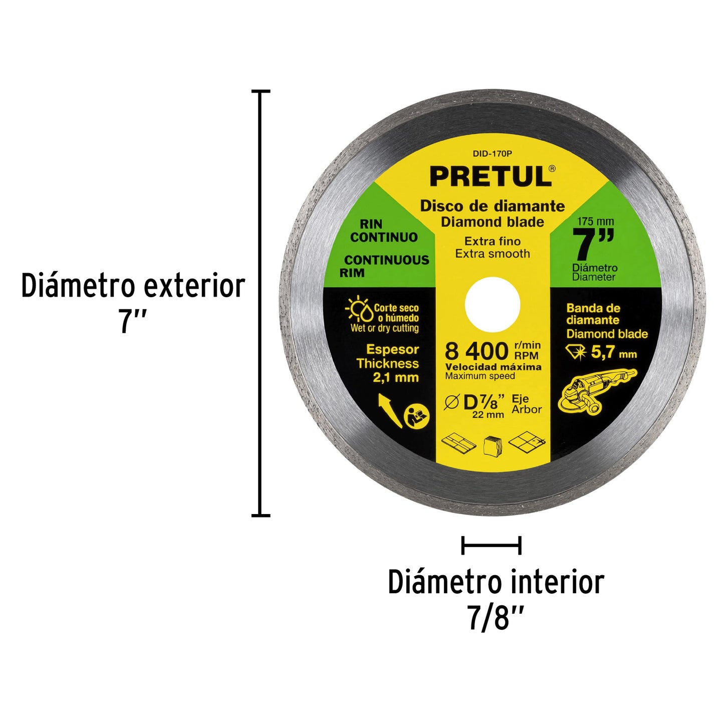 Disco de diamante de 7 pulgadas con espesor de 2.1 mm y rin continuo