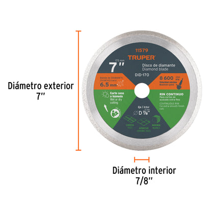 Disco de diamante de 7 pulgadas con espesor de 2.2 mm y rin continuo