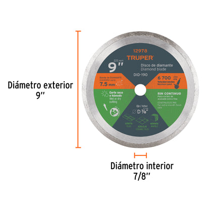 Disco de diamante de 9 pulgadas con espesor de 2.2 mm y rin continuo