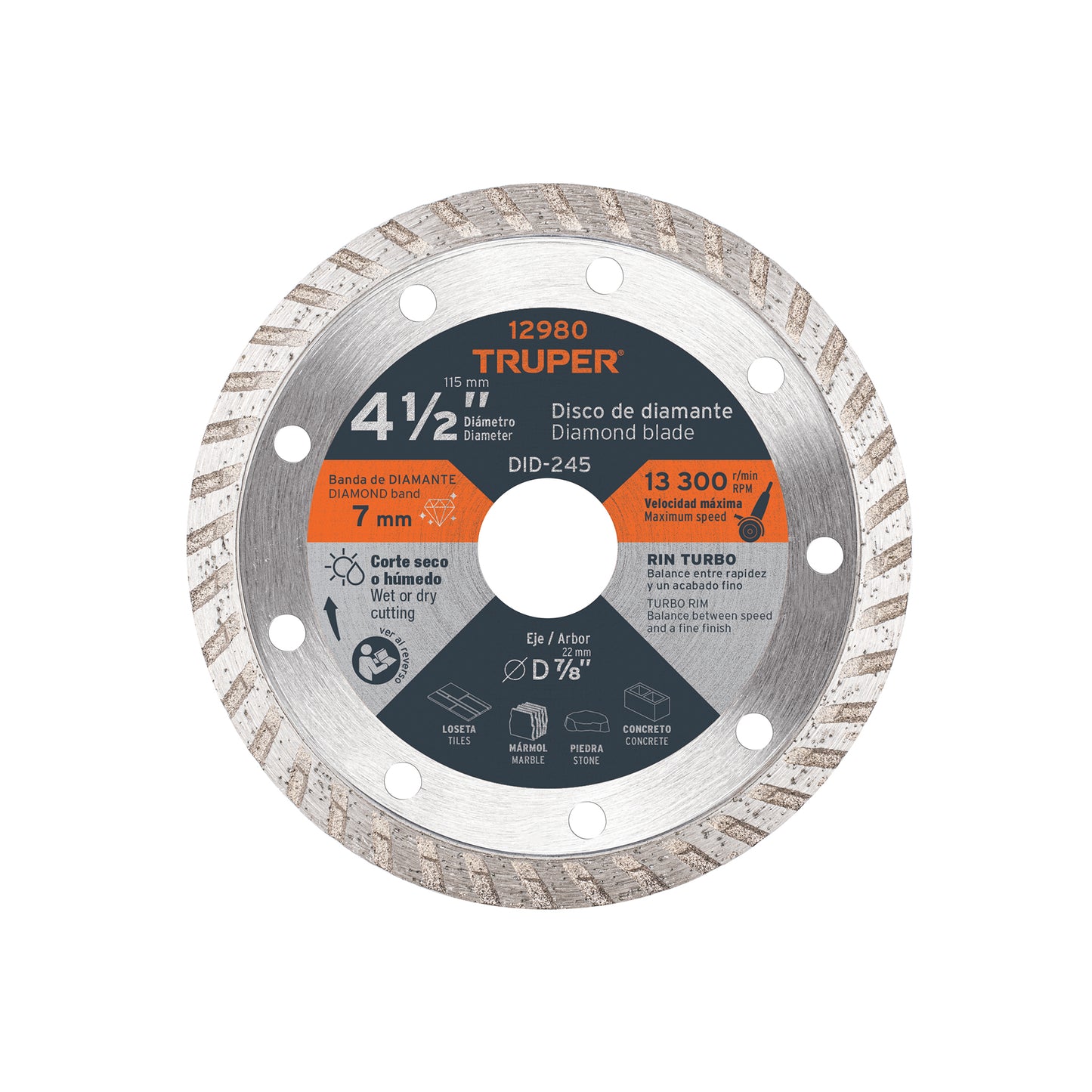 Disco de diamante de 4 1/2 in x 2.2 mm con rin turbo para corte fino en mármol y loseta