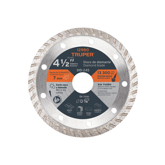 Disco de diamante de 4 1/2 in x 2.2 mm con rin turbo para corte fino en mármol y loseta