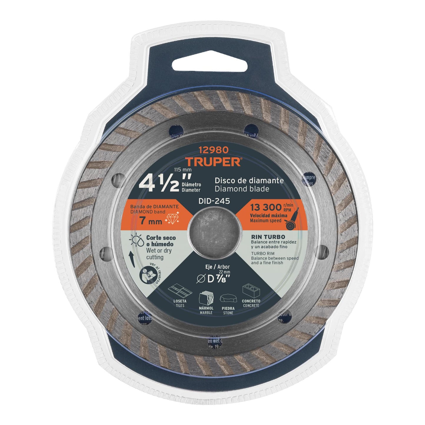 Disco de diamante de 4 1/2 in x 2.2 mm con rin turbo para corte fino en mármol y loseta
