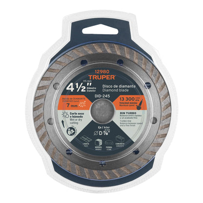 Disco de diamante de 4 1/2 in x 2.2 mm con rin turbo para corte fino en mármol y loseta