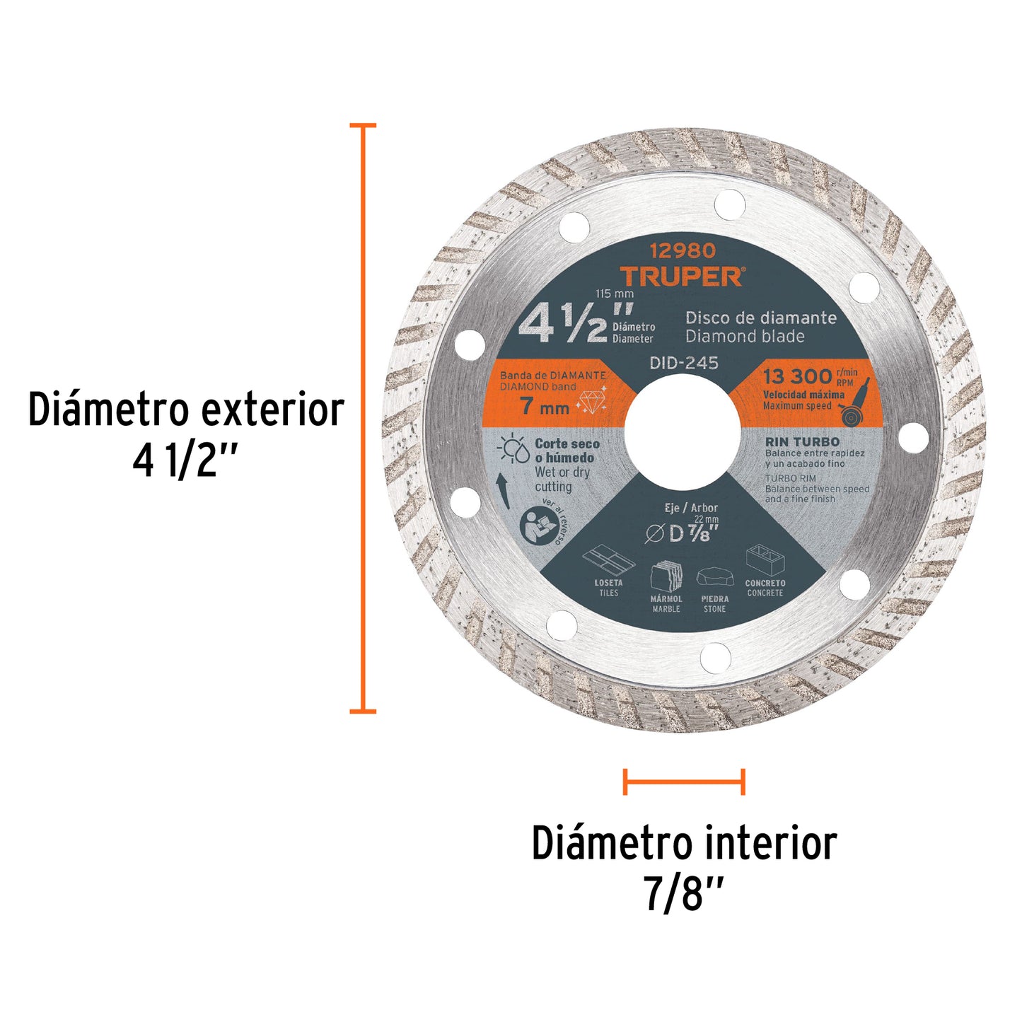 Disco de diamante de 4.5 pulgadas y 2.2 mm con rin turbo