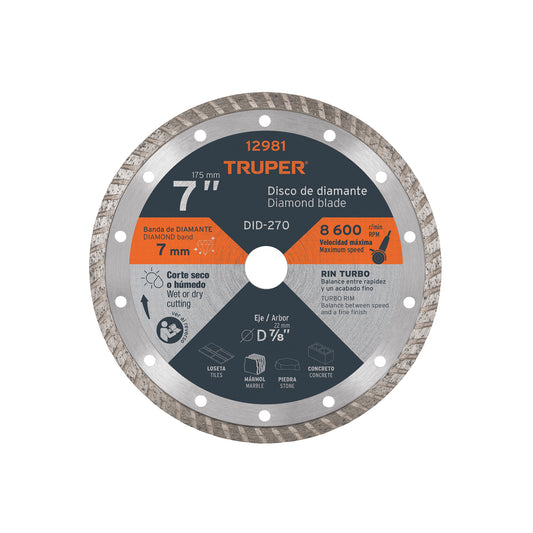 Disco de diamante de 7 in x 2.8 mm con rin turbo para corte fino en loseta y mármol
