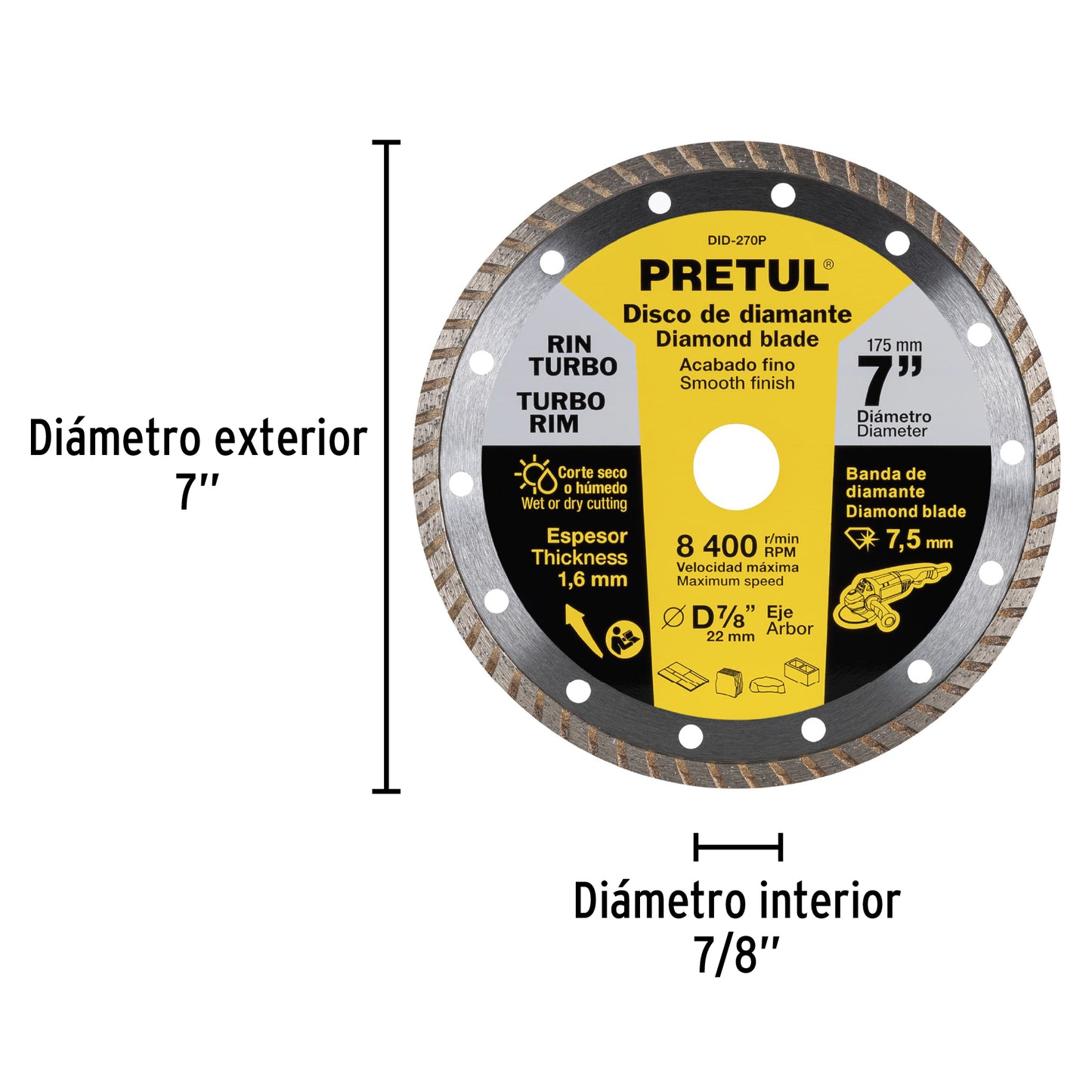 Disco de diamante de 7 pulgadas y 1.6 mm con rin turbo