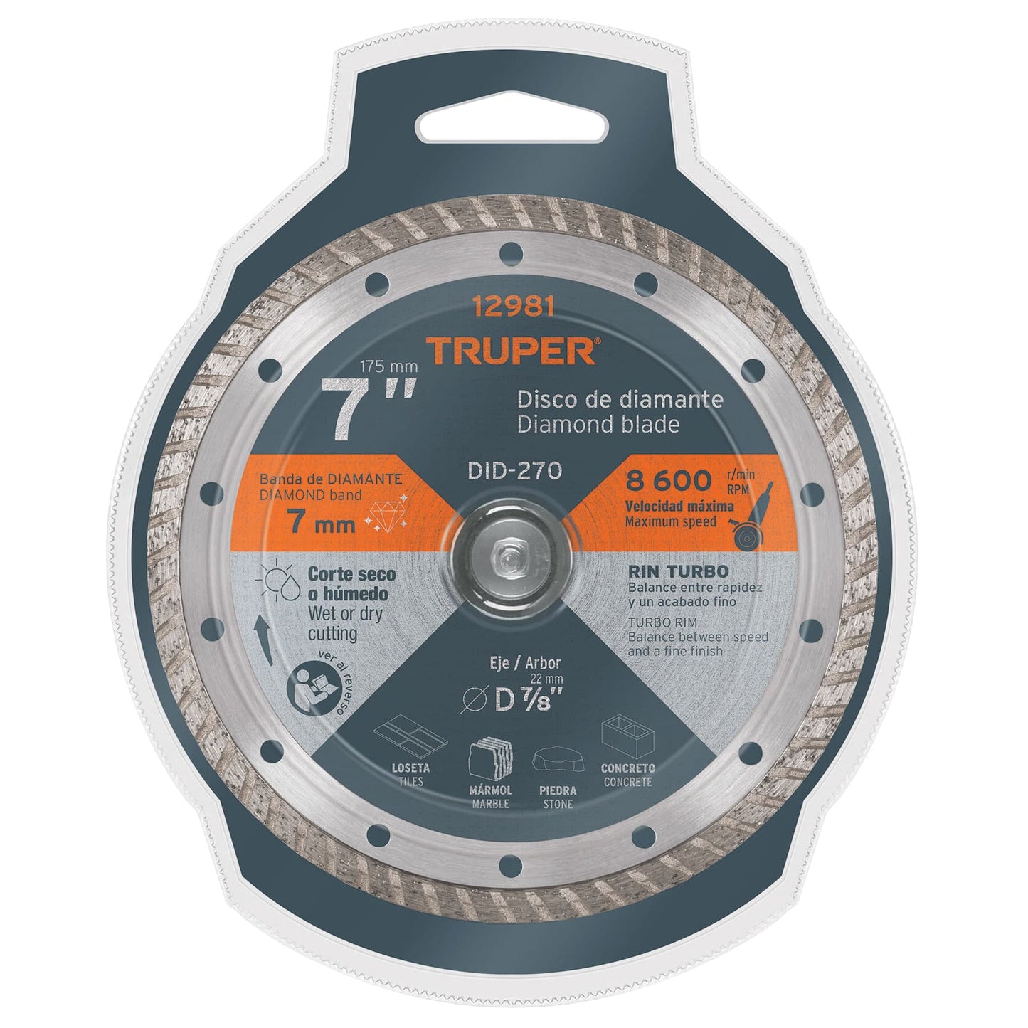 Disco de diamante de 7 in x 2.8 mm con rin turbo para corte fino en loseta y mármol
