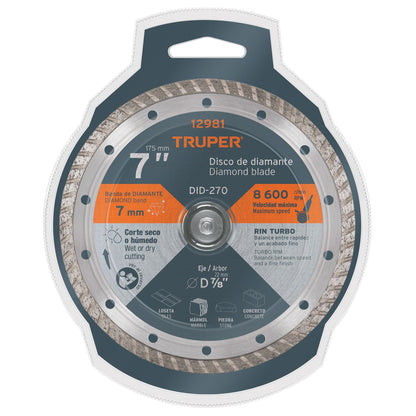 Disco de diamante de 7 in x 2.8 mm con rin turbo para corte fino en loseta y mármol