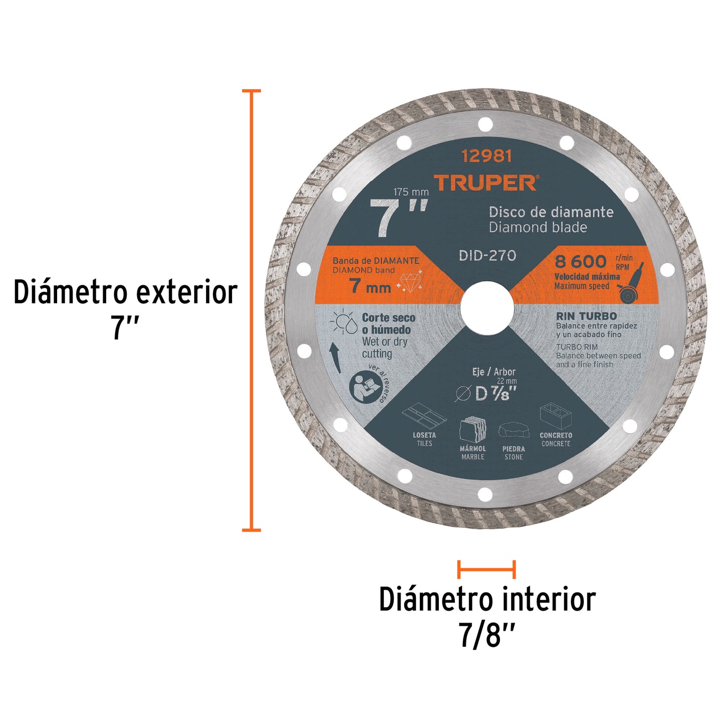 Disco de diamante de 7 pulgadas y 2.8 mm con rin turbo