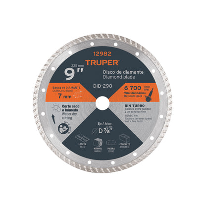 Disco de diamante de 9 in x 3 mm con rin turbo para corte fino en loseta y mármol