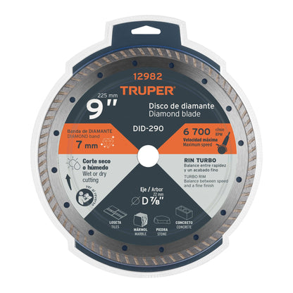 Disco de diamante de 9 in x 3 mm con rin turbo para corte fino en loseta y mármol