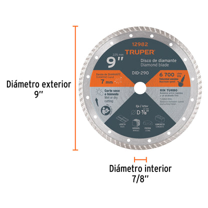 Disco de diamante de 9 pulgadas y 3 mm con rin turbo