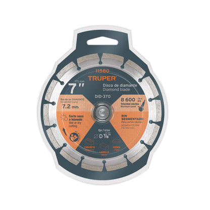 Disco de diamante de 7 in x 2.5 mm con rin segmentado para corte en concreto