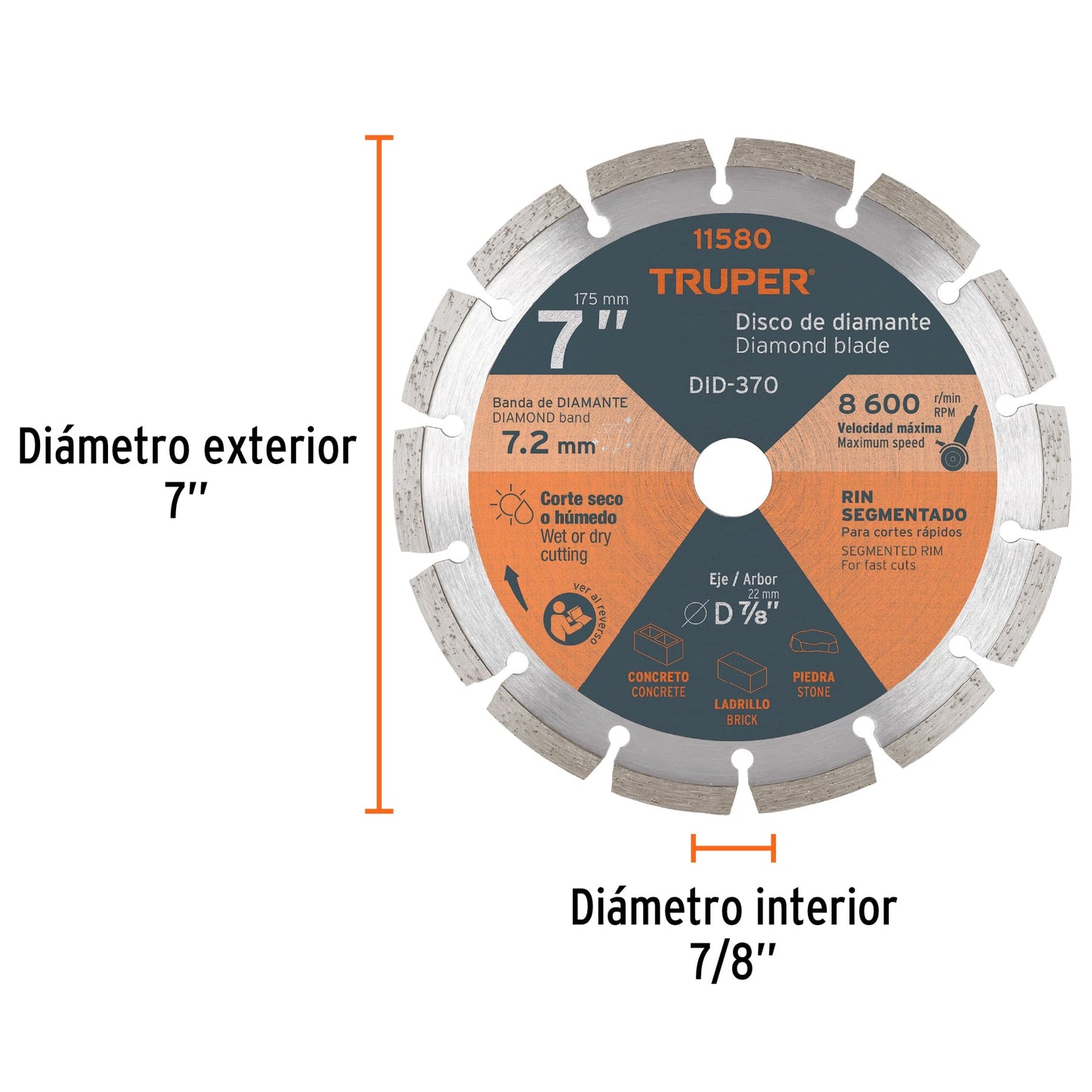 Disco de diamante de 7 pulgadas y 2.5 mm con rin segmentado