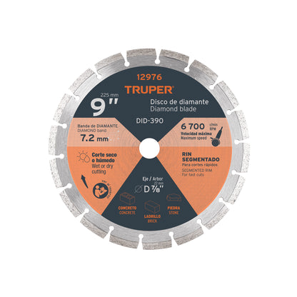 Disco de diamante de 9 in x 2.7 mm con rin segmentado para concreto y block