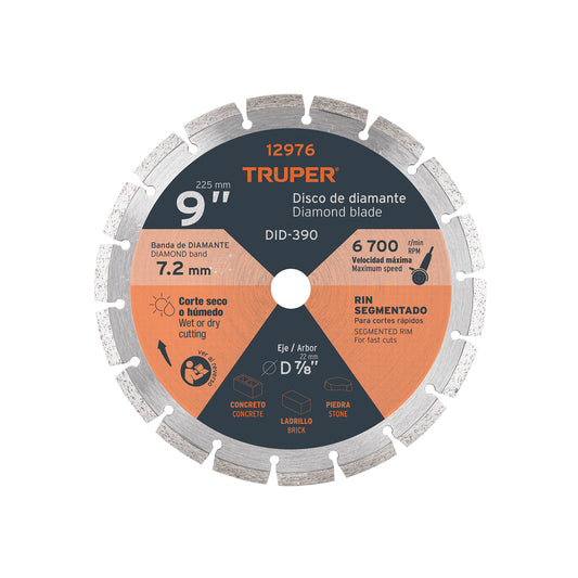 Disco de diamante de 9 in x 2.7 mm con rin segmentado para concreto y block