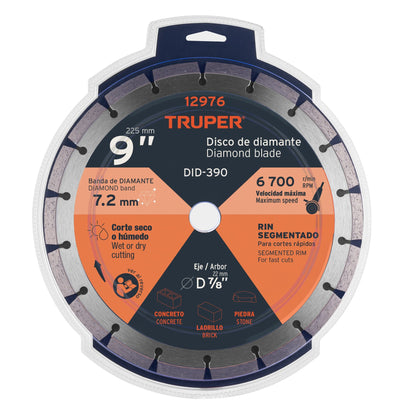 Disco de diamante de 9 in x 2.7 mm con rin segmentado para concreto y block