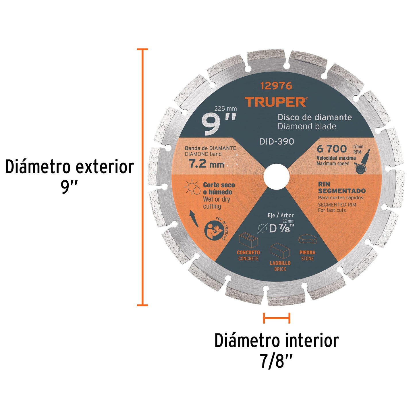 Disco de diamante de 9 pulgadas y 2.7 mm con rin segmentado