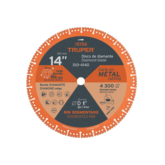 Disco de diamante de 14" para corte de metal con espesor 4 mm
