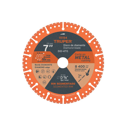 Disco de diamante de 7" para corte de metal con espesor 2.8 mm